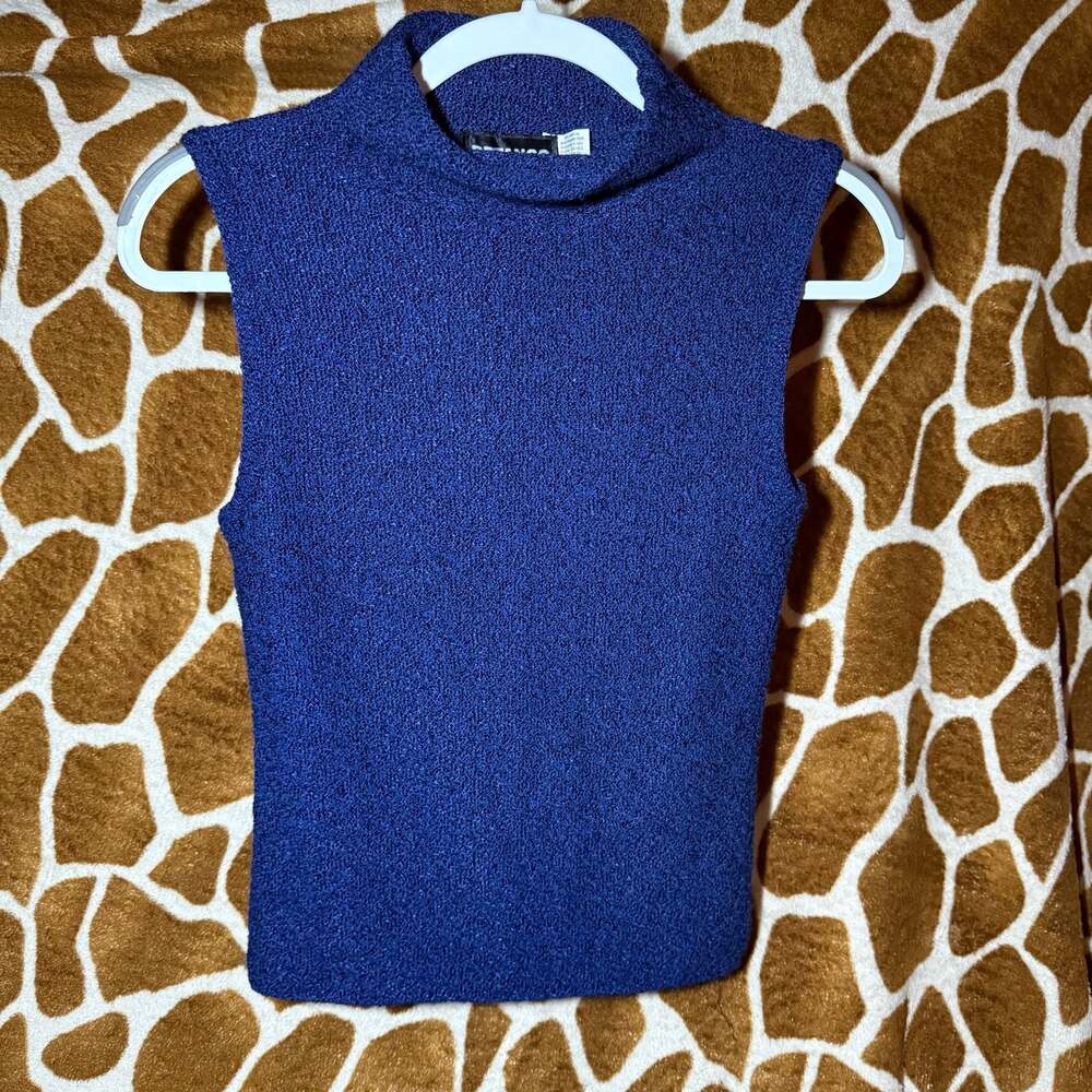 Vintage Retango Royal Blue Shimmer Textured Sleeveless Mock Neck Knit Top Size M